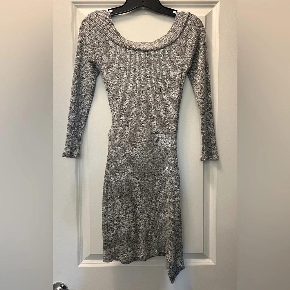 AKIRA V-Neck Tie Waist Mini Sweater Dress-Gray - Picture 2 of 8